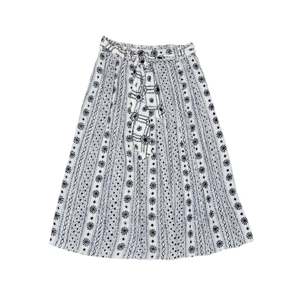 Suburbans Geometric Belted Midi Skirt 8 Black White Rayon Flowy Festival Fairy